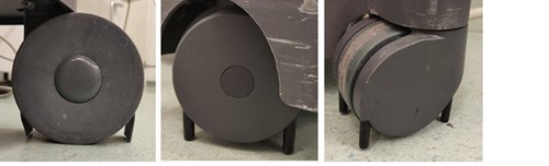 Three views of a wheel showing cable deflectors on both sides