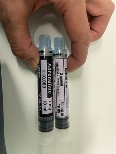 Aguettant Adrenaline and Ephedrine pre-filled products shown without their packaging