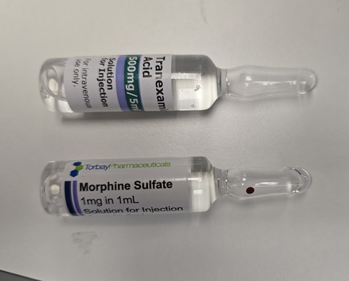 Lookalike ampoules of tranexamic acid and preservative free morphine