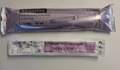 Aguettant Adrenaline and Ephedrine pre-filled products shown in all outer packaging