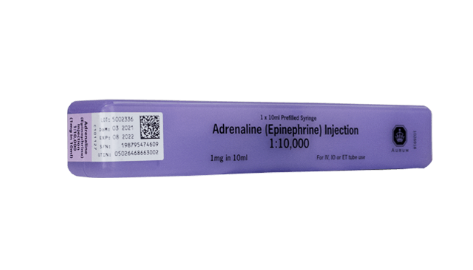 Aurum (Martindale Pharma) glass pre-filled adrenaline syringe (shown in outer packaging)
